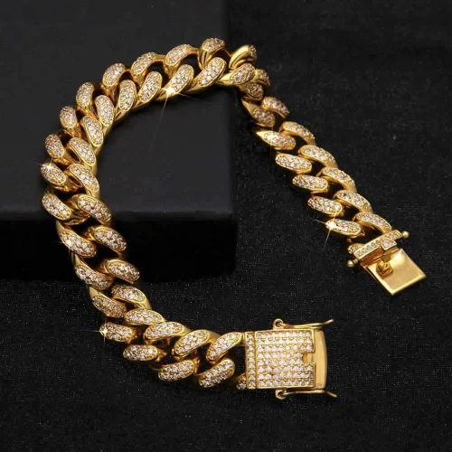 Vista 2 de Apzzic Pulsera de eslabones cubanos de Miami, chapada en oro, hip hop, con circonita cúbica, con caja de regalo para hombres y mujeres