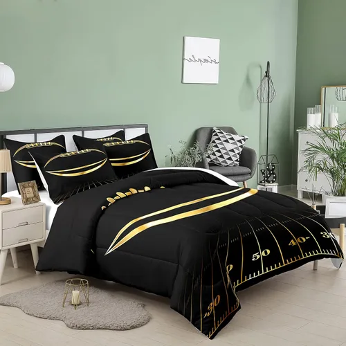 Vista 2 de Bodhi Juego de edredón para niños individual, Negro y dorado, Juego de ropa de cama de fútbol, Lavable a máquina, 2 piezas