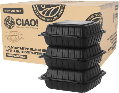 Vista 14 de CIAO! Contenedor negro con bisagras MFPP de 6"x6"x3" con tapa, 1 compartimento (caja de 300)