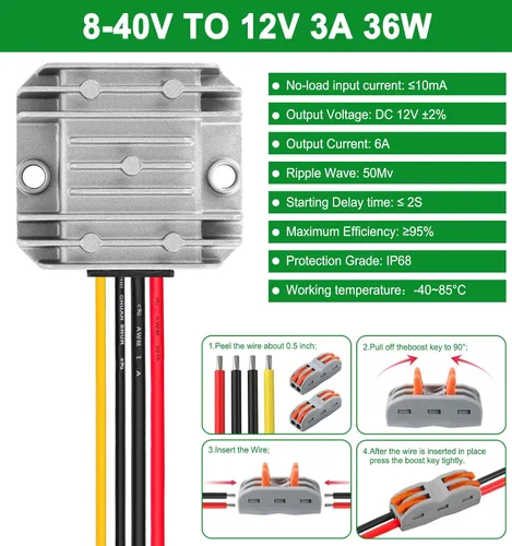 Vista 2 de EAGWELL Convertidor DC 8-40v a 12v 3A 36W reductor de voltaje reductor de voltaje IP68 transformador impermeable para carrito de golf, camión