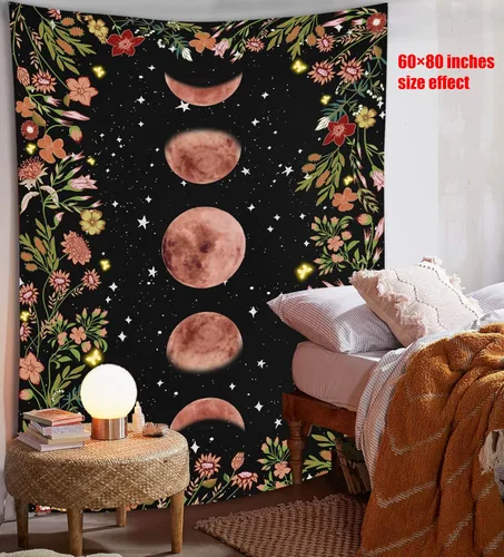 Vista 4 de Rexful Tapiz de jardín iluminado por la luna, fase lunar rodeada de plantas y flores, manta negra para colgar en la pared, 36 x 48 pulgadas