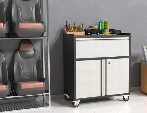 Vista 2 de Armario de almacenamiento de metal de 35.43 pulgadas de alto con ruedas, armario de almacenamiento con cerradura con 1 cajón y 2 puertas, gabinetes