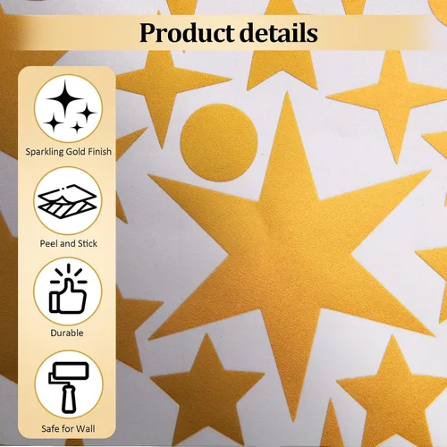 Vista 8 de Calcomanías de pared vintage con estrellas doradas, 5 hojas, 210 unidades, calcomanías con estrellas y puntos, calcomanías de arte de pared
