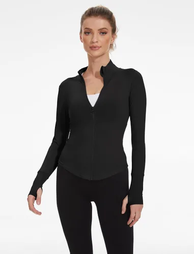 Vista 5 de Locachy Chaqueta de entrenamiento atlética ligera con cremallera completa para mujer, ajustada, deportiva, correr, yoga, ropa deportiva con agujeros