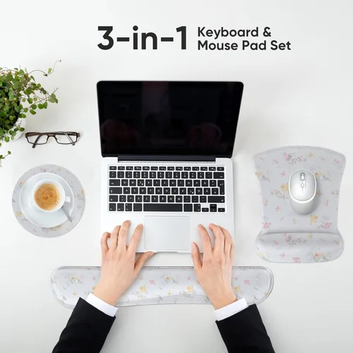 Vista 6 de Juego de alfombrillas ergonómicas de espuma viscoelástica para teclado y mouse con soporte para reposamuñecas, cojín antideslizante para la muñeca