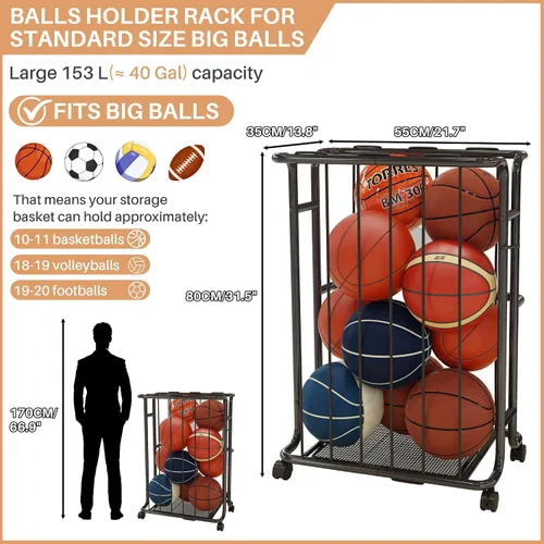 Vista 6 de Estante de almacenamiento grande para pelotas de garaje con ruedas, con asa, para baloncesto, fútbol, voleibol, garaje, gimnasio, color negro
