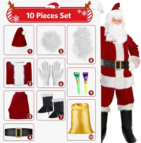 Vista 6 de SHEJIZE Mens Santa Claus Costume Adult Christmas Santa Claus Costume Santa Suit