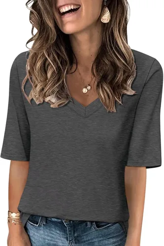 Vista 21 de Minetom Camisetas de verano básicas de media manga con cuello en V para mujer