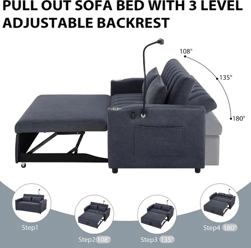 Vista 4 de LUMISOL Sofá cama convertible 3 en 1 de 55.9 pulgadas con puertos USB, portavasos, soporte giratorio y bolsillos de almacenamiento, sofá cama Gris