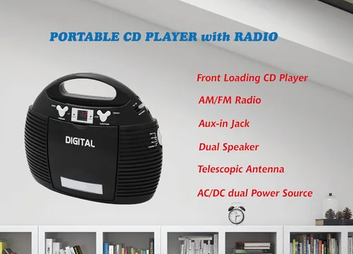 Vista 2 de HANNLOMAX Reproductor de CD portátil HX-327CD con radio AM/FM, entrada auxiliar, fuente de alimentación dual AC/DC (negro)