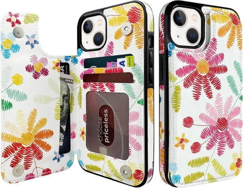 Vista 10 de Funda tipo cartera para iPhone 13 y 14 con soporte para tarjetas, funda trasera de piel sintética, con ranuras para tarjetas, doble cierre