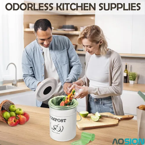 Vista 3 de AOSION Contenedor de compostaje para encimera de cocina, contenedor de compostaje interior resistente al olor con tapa y bolsas de compost