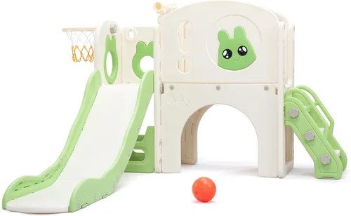 Vista 4 de Jaxpety Juego de tobogán y escalador 8 en 1 para niños pequeños, parque infantil con escaleras, túnel, telescopio, almacenamiento, aro de baloncesto