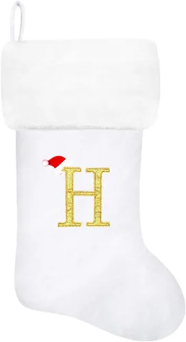 Vista 116 de Calcetines de Navidad bordados de 20 pulgadas con monograma, terciopelo negro con puño de felpa blanca supersuave, adornos clásicos para decoración