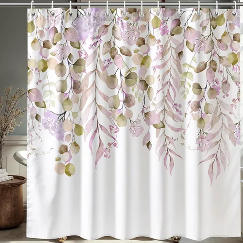 Vista 19 de KAIRA Cortina de ducha de eucalipto negro con diseño clásico y moderno, hojas de plantas de acuarela con diseño floral, decoración de baño, 72 x 72