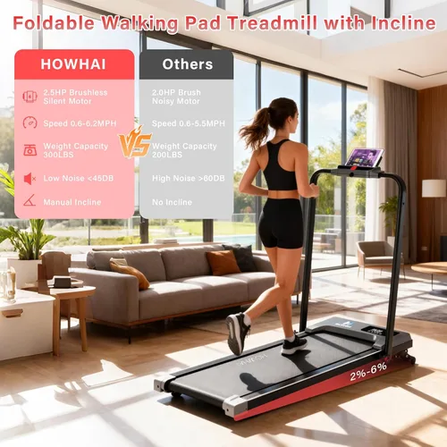 Vista 2 de Walking Pad, HOWHAI Treadmill with Incline, Brushless 2 in 1 Foldable Under Desk Portable Treadmills for Home/Office with App, Bluetooth Music