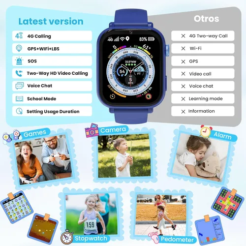 Vista 7 de Reloj inteligente 4G para niños y niñas, reloj inteligente para niños de 4 a 12 años con llamadas, GPS, SOS, videollamada, juegos, cámara, alarma