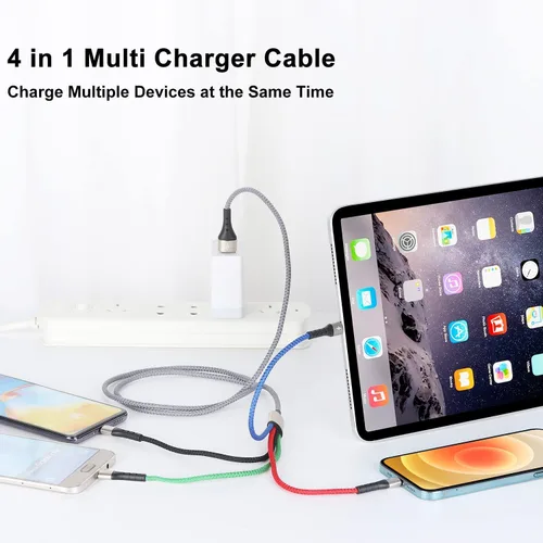 Vista 2 de SIQIWO Cable de carga múltiple [2 unidades de 3A 4 pies], cable de carga rápida 4 en 1 de nailon trenzado con conectores micro USB tipo C 2iP