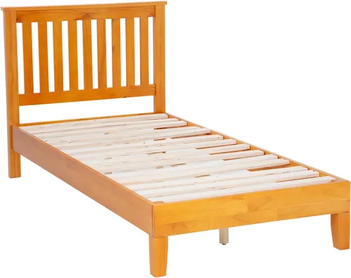 Vista 6 de PayLessHere Marco de cama de plataforma de madera, tamaño individual, marco de cama de madera maciza con cabecero, soporte de listones de madera,
