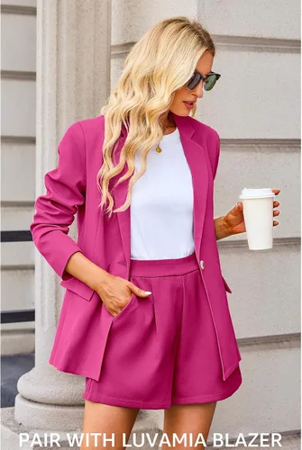 Vista 4 de luvamia Pantalones cortos de vestir para mujer, cintura alta, trajes casuales de negocios para el trabajo, verano, plisados, pantalones cortos