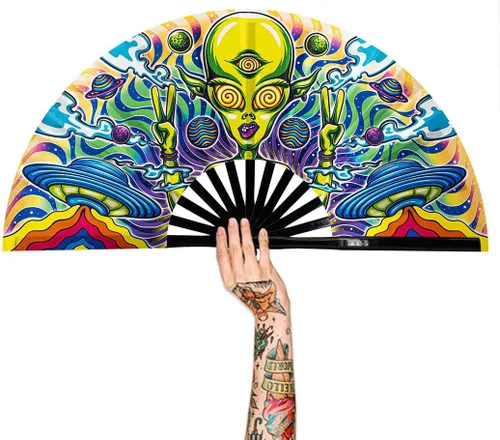Vista 25 de Abanico para rave con brillo ultravioleta, abanico de mano plegable de bambú para hombres y mujeres (psicodélico espacial, mediano de 11 pulgadas)