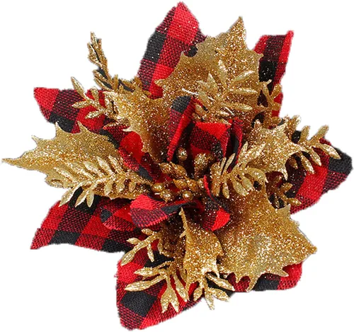 Vista 10 de 24 flores de Pascua de Navidad de 4.7 pulgadas con purpurina roja búfalo a cuadros de flores de nochebuena para adornos de árbol de Navidad