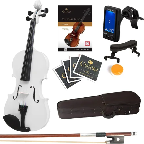 Vista 10 de Violín Mendini de madera sólida, libro de lecciones, cuerdas extra, sintonizador violín, arco y estuche