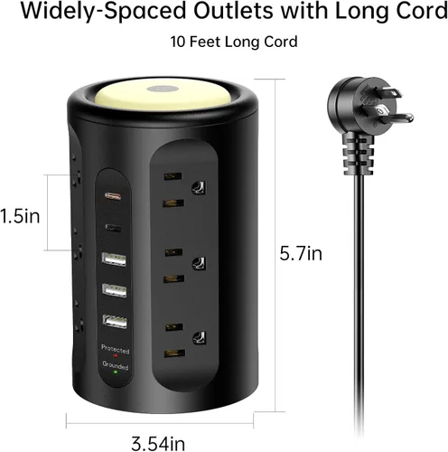 Vista 7 de Torre de regleta de protección contra sobretensiones con 5 puertos USB y luz nocturna, cable de extensión de 10 pies con 12 tomas de corriente Negro