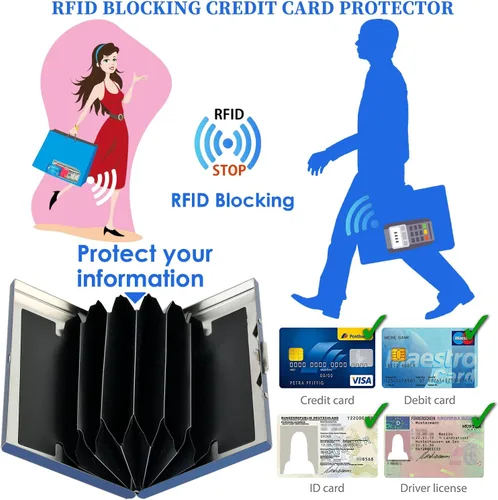 Vista 72 de BONSYL® Soporte para tarjetas de crédito, cartera delgada de metal con bloqueo RFID, con 6 ranuras para tarjetas, para mujeres y hombres.
