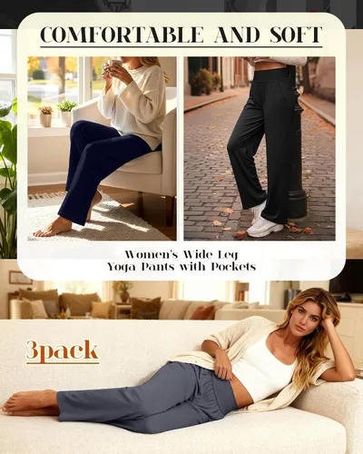 Vista 203 de Neer - Conjunto de 3 pantalones de yoga de pierna ancha para mujer - Pantalones deportivos cómodos, holgados, de cintura alta y casuales