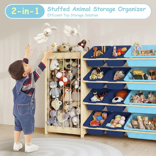 Vista 3 de EXPERLAM Organizador de Almacenamiento de Juguetes para Niños, 2 en 1 Almacenamiento de Animales de Peluche y Organizador de Juguetes con 12