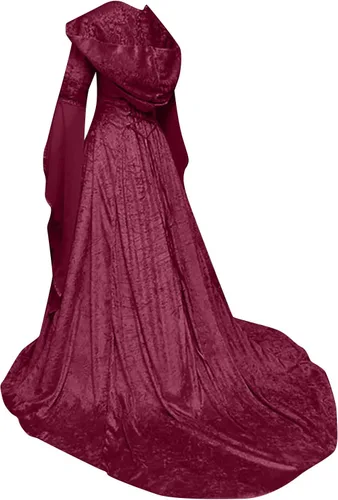 Vista 2 de SHOPESSA - Vestido gótico con capucha medieval, vestido renacentista, manga con volantes, estilo victoriano, con corsé, rojo