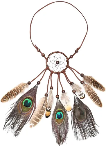 Vista 3 de Campsis Diadema bohemia con plumas atrapasueños, tocado de pavo real indio, fiesta, borla de plumas, pieza de pelo para mujeres y niñas