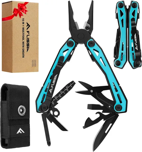 Vista 7 de FLISSA Alicates multiherramientas 16 en 1, regalos para hombres, multiherramienta EDC de acero inoxidable con cuchillo de bolsillo, clip