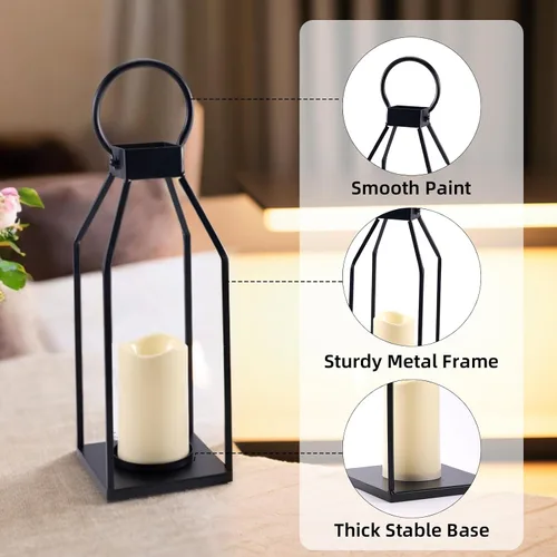 Vista 9 de PHOSPHOR Juego de 2 faroles modernos de metal negro para decoración de granja, faroles de interior y exterior con velas para sala de estar