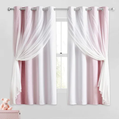 Vista 16 de Cortinas 100% opacas con superposición de gasa Mix and Match de doble capa, 54 pulgadas de largo, 2 paneles para dormitorio y sala de estar, azul