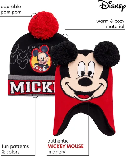 Vista 2 de Disney Sombrero de invierno para niños, paquete de 2 gorro con pompones Lightning McQueen o gorro de Mickey Mouse (4-7)