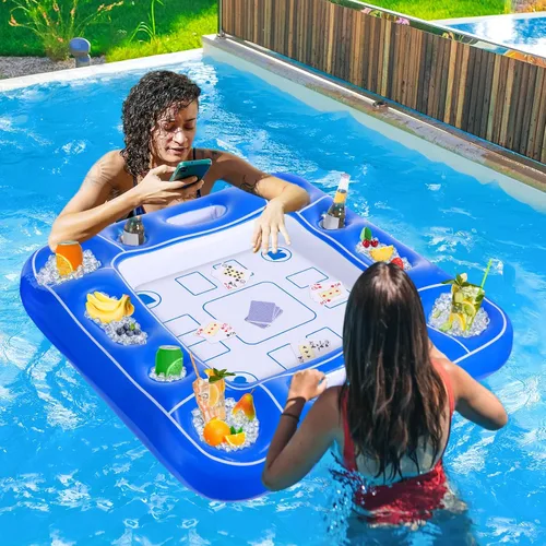 Vista 4 de Mesa de juego inflable para piscina con cartas impermeables (35.5 x 35.5 pulgadas, azul/blanco)