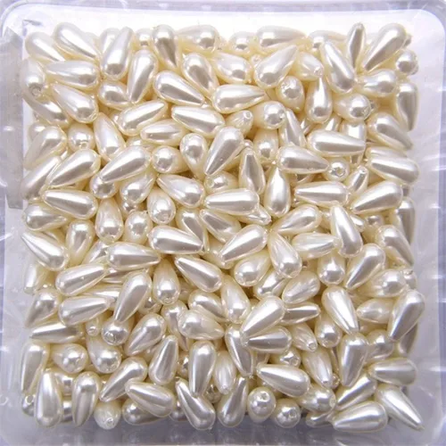Vista 6 de Cuentas de perlas de imitación, cuentas de joyería de perlas de plástico blanco con agujero recto en forma de gota, cuentas de imitación de perlas