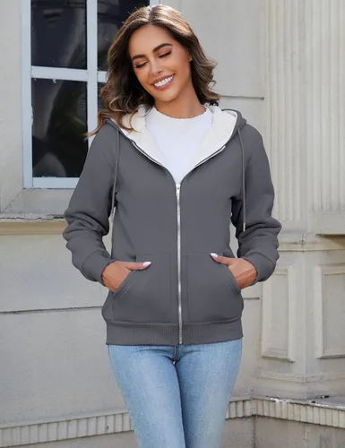 Vista 5 de Flygo Sudadera con capucha para mujer, con cremallera, forro polar, tipo sherpa, abrigada, chaqueta de invierno Gris ceniza
