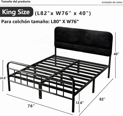 Vista 2 de Base de cama de metal de 14 pulgadas, marco de cama tamaño King con cabecera tapizada, base de colchón resistente y resistente, fácil montaje,