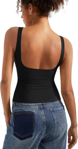 Vista 17 de SUUKSESS Camisetas sin mangas con respaldo abierto y cuello barco acolchado para mujer, con doble forro, camisas básicas Negro (Black Polka Dots)