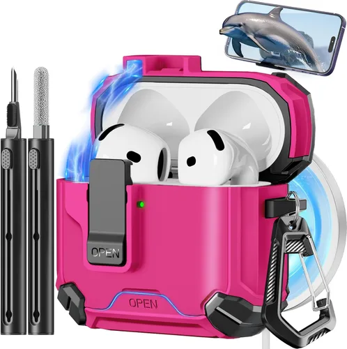 Vista 32 de Pohgelan - Funda compatible con AirPods Pro 2ª/1ª (verde) Cerradura magnética automática con kit de limpieza, compatible con Magsafe