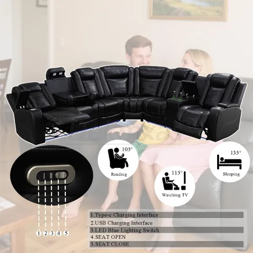 Vista 3 de Sofá reclinable de cuero transpirable con luz LED, sofá modular eléctrico con consola de almacenamiento, soporte para tazas para cine en casa, sala