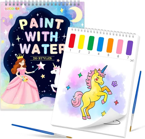 Vista 12 de Libros para colorear con pintura al agua para niños, juegos de papeles de pintura de acuarela sin desorden para niños pequeños, kit de pintura