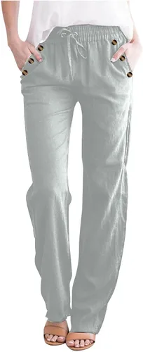 Vista 6 de Casual Pants for Women Summer Solid Color Drawstring Elastic Waist Pants Baggy Straight Leg Long Trouser with Pocket