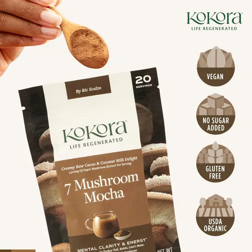 Vista 5 de kokora 7 Mushroom Mocha - Energiza y promueve la claridad mental* - Polvo de hongos adaptogénicos orgánicos con cola de pavo y melena de león