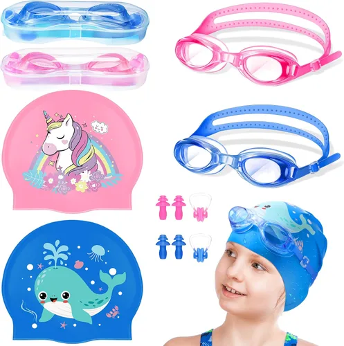 Vista 8 de 8 Pack Kids Swim Caps for Girls, Silicone Swimming Cap for Age 6-14 with Goggles Ear Plug Nose Clip for Children Boys Girls