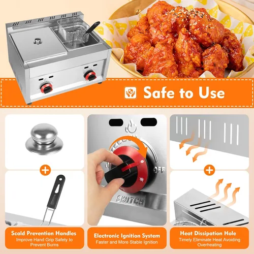 Vista 4 de Freidora comercial de gas, cocina de acero inoxidable para encimera de 12 litros con 2 cestas extraíbles de 6 litros, freidora grande de doble