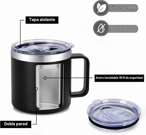 Vista 4 de VEGOND Taza de café aislada de 14 onzas con asa, taza de café de viaje de acero inoxidable con tapa, taza de café de metal al vacío de doble pared